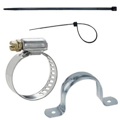 Variedade de abraçadeiras, incluindo duas de nylon e duas metálicas (rosca sem fim), mostrando as soluções de fixação da Veppel no Rio de Janeiro.