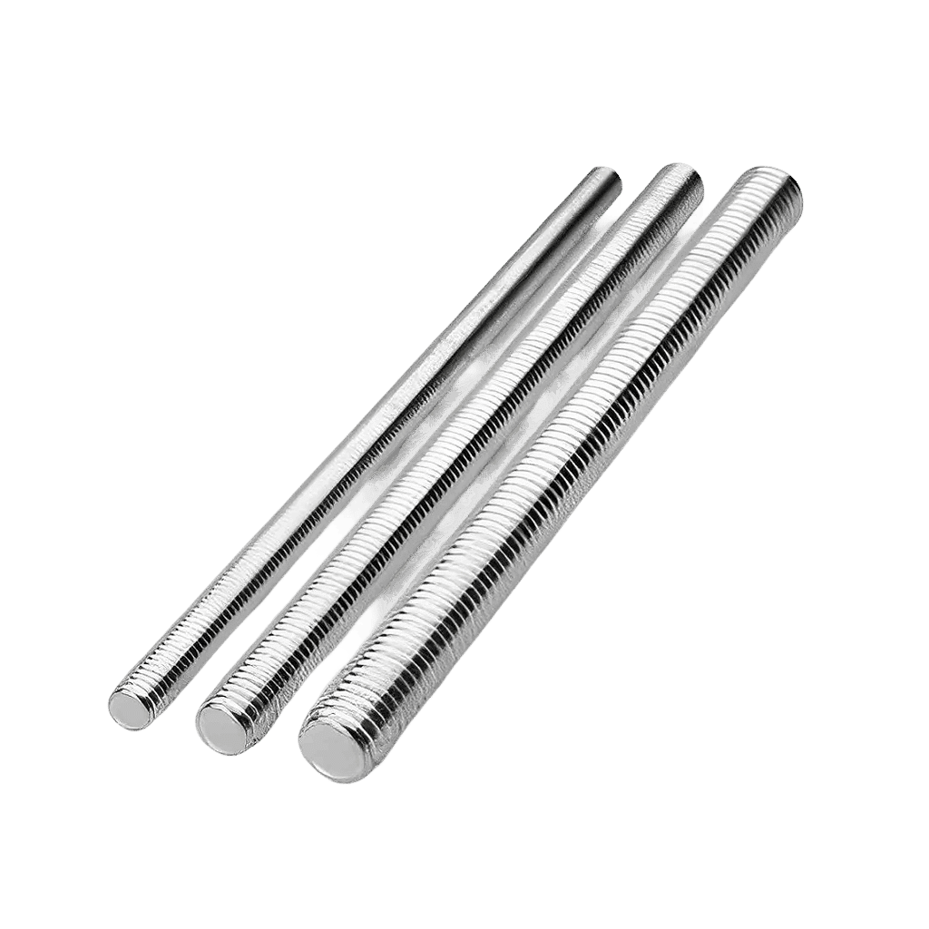 Três barras roscadas de aço de diâmetros diferentes, mostrando a variedade de bitolas disponíveis na Veppel, fornecedor industrial no Rio de Janeiro.