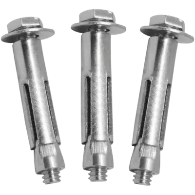 Três chumbadores de expansão tipo CBA de diferentes tamanhos, para ancoragem em concreto, disponíveis na Veppel, Rio de Janeiro.