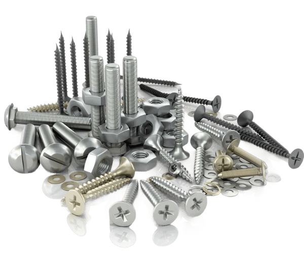 Grande variedade de parafusos, porcas e arruelas organizados, mostrando a fartura de produtos da Veppel Loja de Parafusos, seu fornecedor completo no Rio de Janeiro.