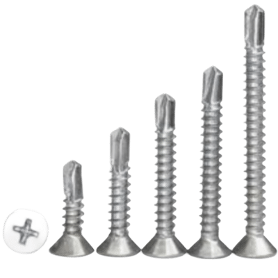 Cinco parafusos auto travantes com ponta especial e um deitado mostrando a cabeça Phillips, fixadores de alta tecnologia da Veppel, RJ.