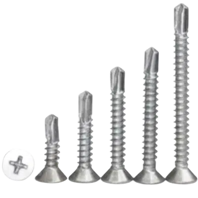 Cinco parafusos auto travantes com ponta especial e um deitado mostrando a cabeça Phillips, fixadores de alta tecnologia da Veppel, RJ.