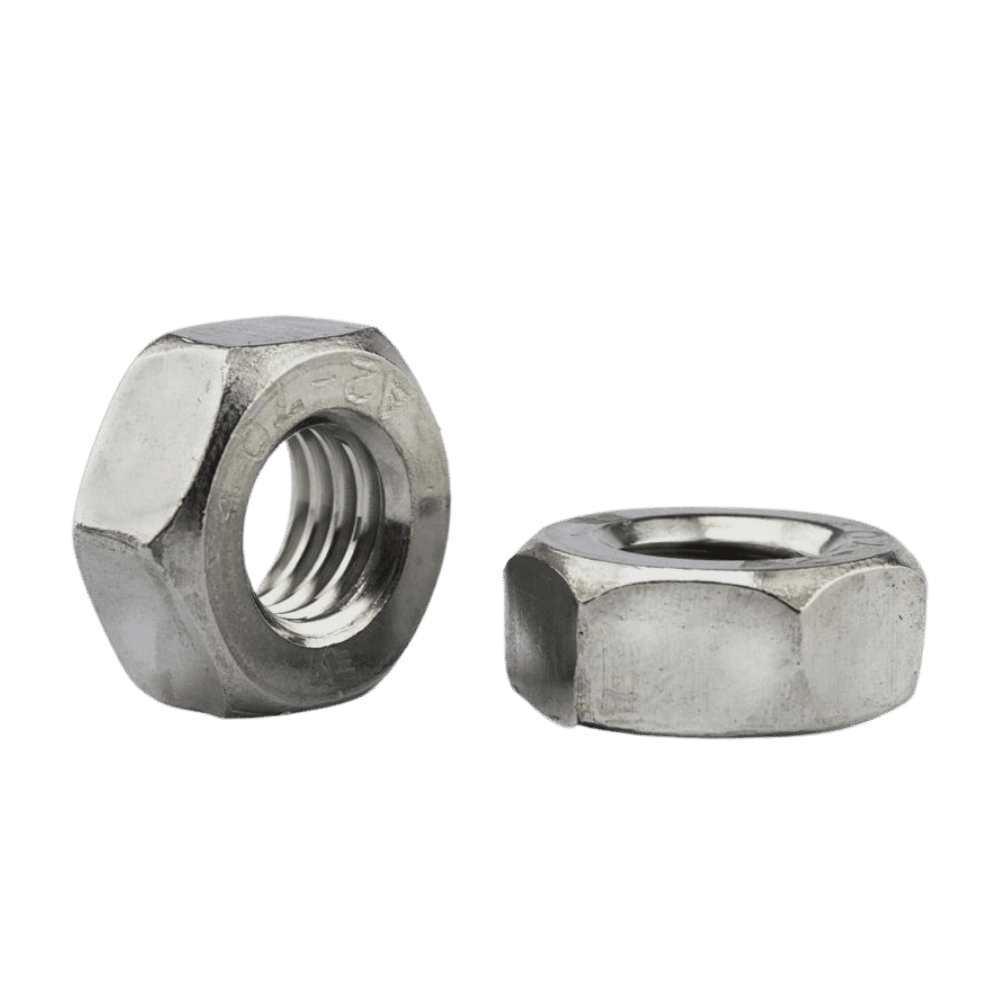 Duas porcas sextavadas de aço inox, para uso com parafusos de mesma liga, distribuídas pela Veppel para o mercado industrial do Rio de Janeiro