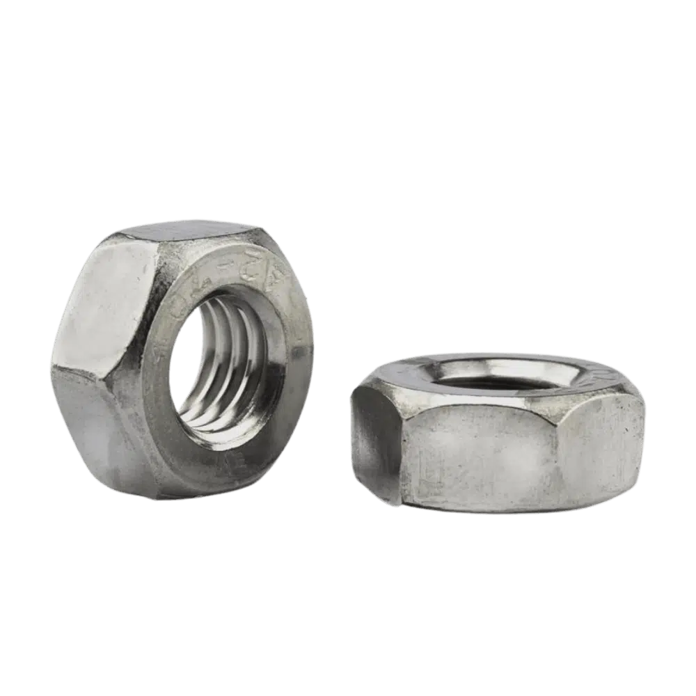 Duas porcas sextavadas de aço inox, para uso com parafusos de mesma liga, distribuídas pela Veppel para o mercado industrial do Rio de Janeiro