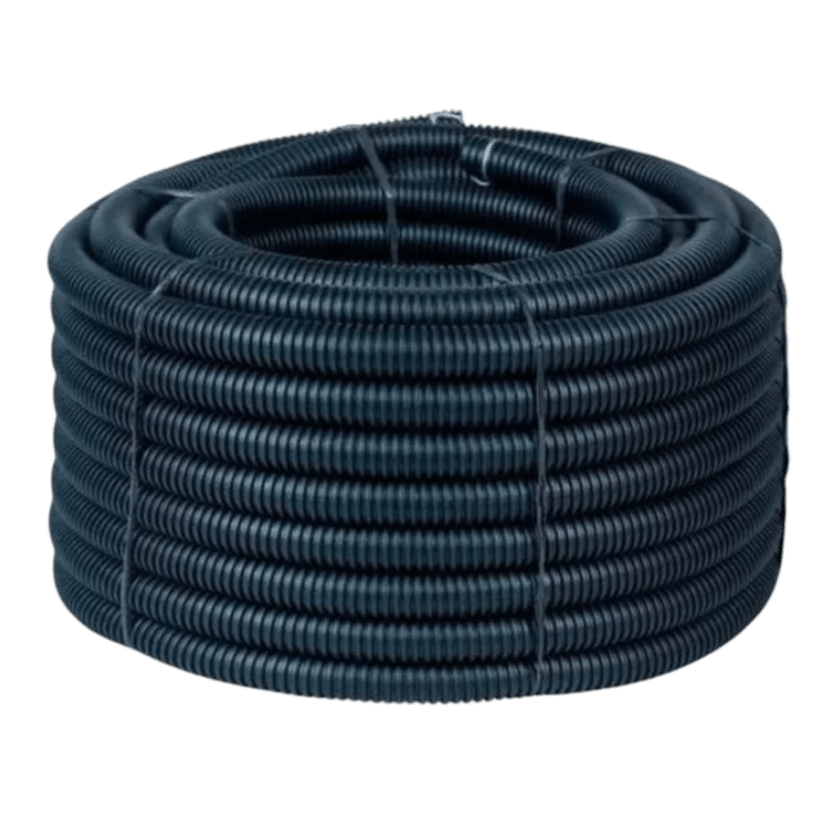 Rolo de eletroduto flexível corrugado na cor preta, com proteção UV para instalações externas, produto do catálogo da Veppel, RJ.