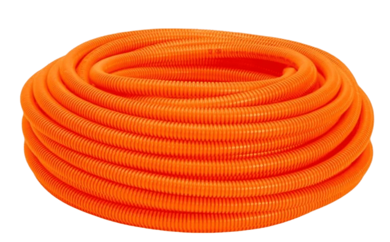 Rolo de eletroduto flexível corrugado laranja, reforçado para uso em lajes e contrapisos, distribuído pela Veppel para construtoras no Rio de Janeiro.