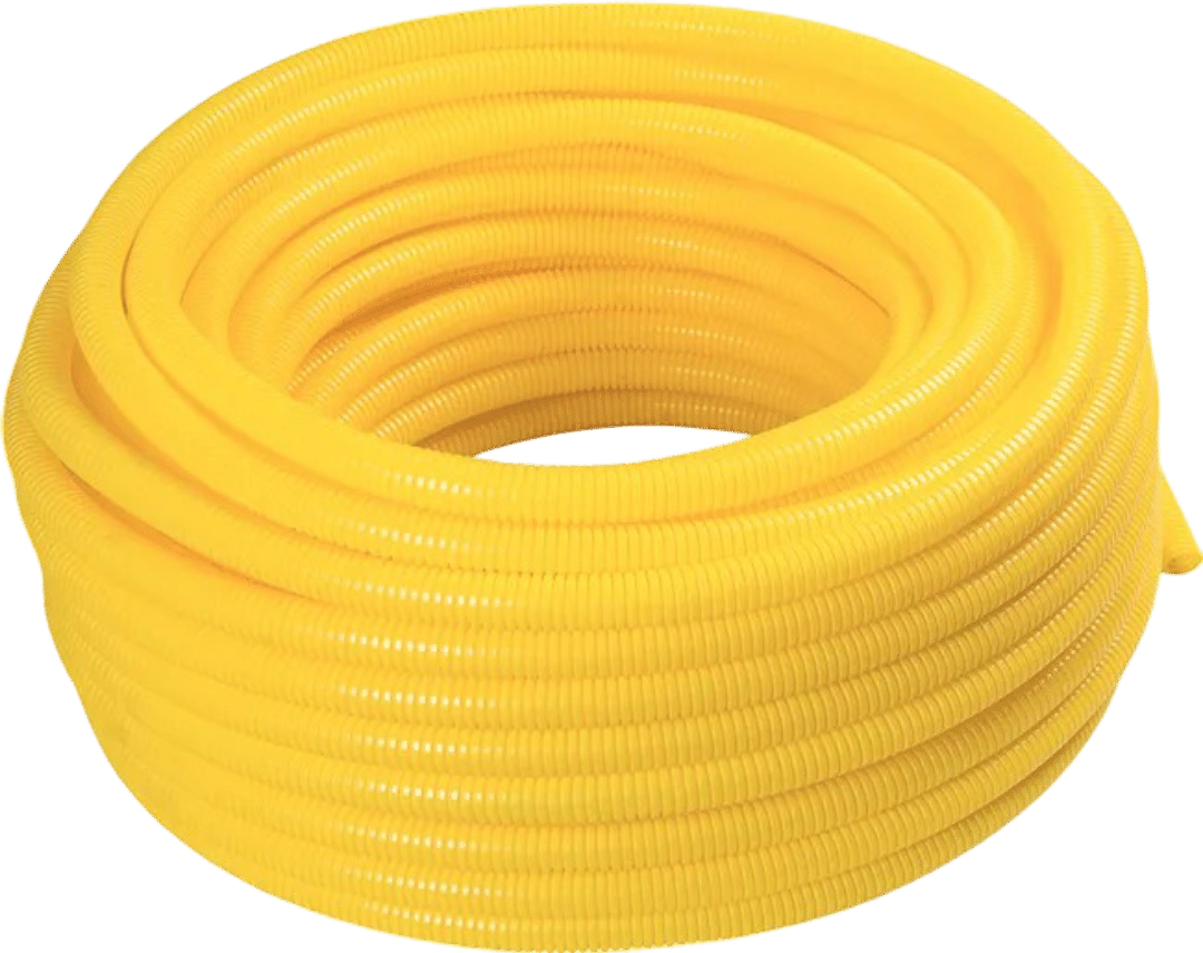 Rolo de eletroduto flexível corrugado amarelo, padrão para instalações elétricas em paredes, fornecido pela Veppel no Rio de Janeiro.
