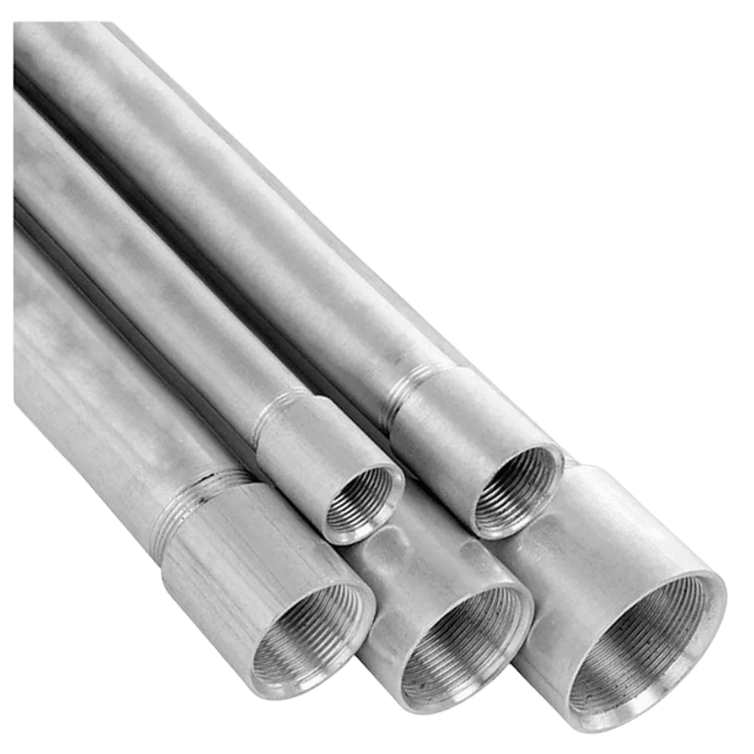 Cinco pontas de eletrodutos rígidos de aço galvanizado, destacando a robustez do material, fornecido pela Veppel para a indústria do Rio de Janeiro.