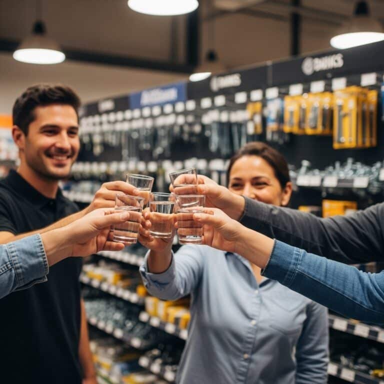 Equipe da Veppel brindando no interior da loja em Inhaúma, Rio de Janeiro, celebrando o sucesso do atendimento B2B.