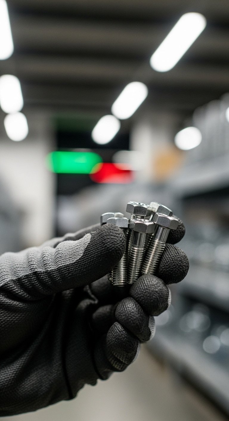 Mãos segurando uma variedade de parafusos sextavados de aço, demonstrando a qualidade dos produtos da Veppel no Rio de Janeiro.