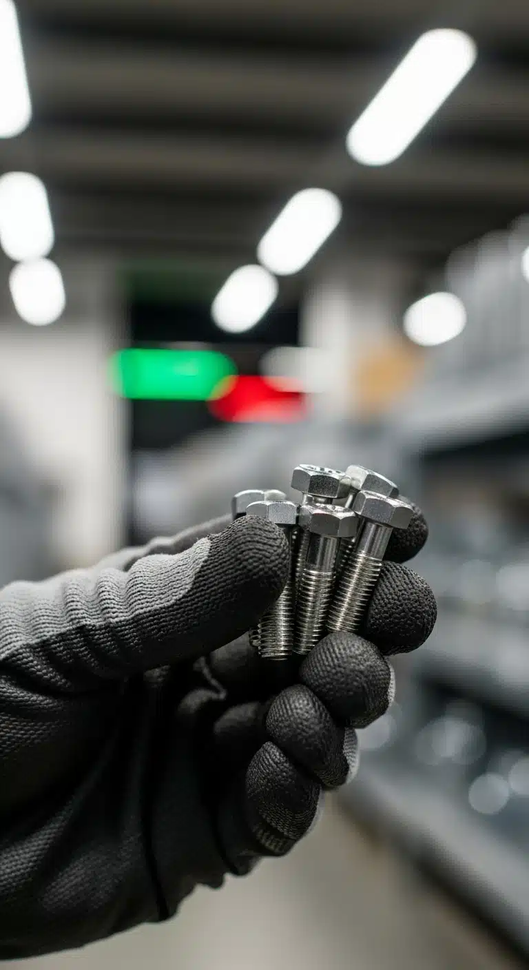 Mãos segurando uma variedade de parafusos sextavados de aço, demonstrando a qualidade dos produtos da Veppel no Rio de Janeiro.