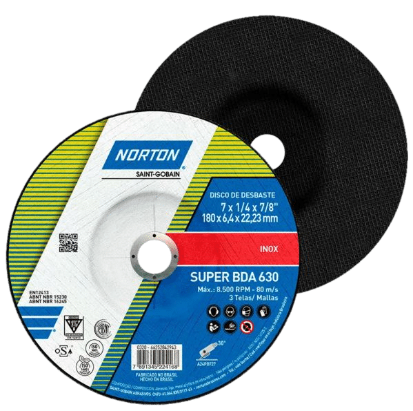 Disco de desbaste profissional da marca Norton, para remoção de material em alta velocidade, fornecido pela Veppel no Rio de Janeiro.