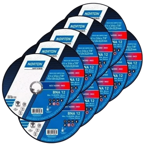 Dez discos de corte fino da marca Norton enfileirados, destacando a qualidade e o padrão da linha, distribuída pela Veppel no Rio de Janeiro.