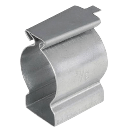 Abraçadeira metálica tipo 'D' com um furo para parafuso, para fixação de eletrodutos, produto do catálogo da Veppel, RJ.