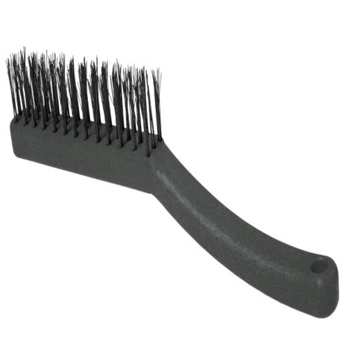 Escova de aço pequena com cabo ergonômico de plástico, fornecida pela Veppel para oficinas e indústrias em Inhaúma, RJ.