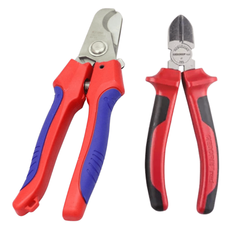Dois modelos de alicate de corte, incluindo um de corte diagonal, com cabos isolados, disponíveis para venda B2B na Veppel, Rio de Janeiro.