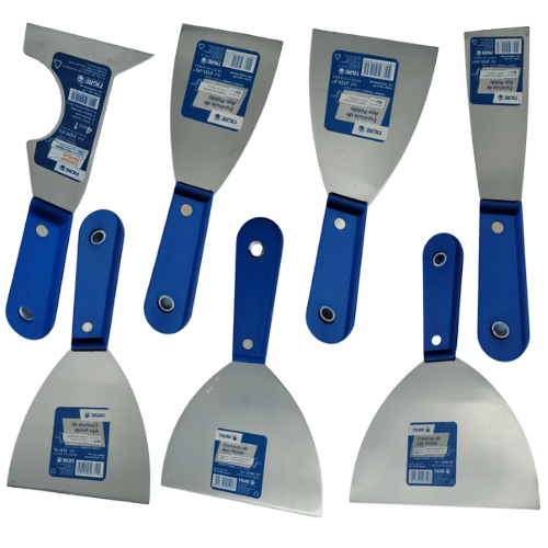 Diversos tipos de espátulas para construção civil e acabamento, disponíveis para venda B2B na Veppel, em Inhaúma, RJ.