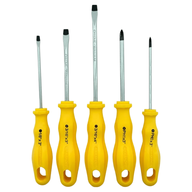 Conjunto de cinco chaves de fenda e Phillips com cabos ergonômicos, ferramentas essenciais distribuídas pela Veppel para empresas no Rio de Janeiro.