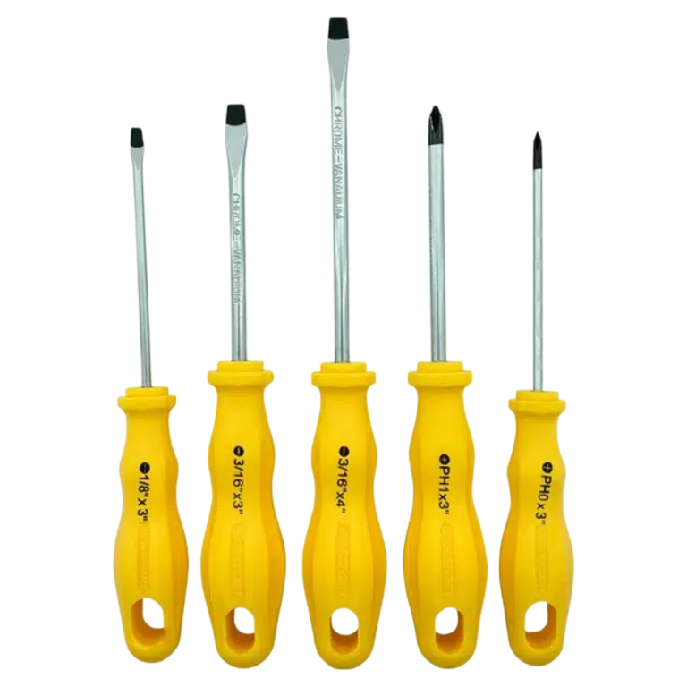 Conjunto de cinco chaves de fenda e Phillips com cabos ergonômicos, ferramentas essenciais distribuídas pela Veppel para empresas no Rio de Janeiro.