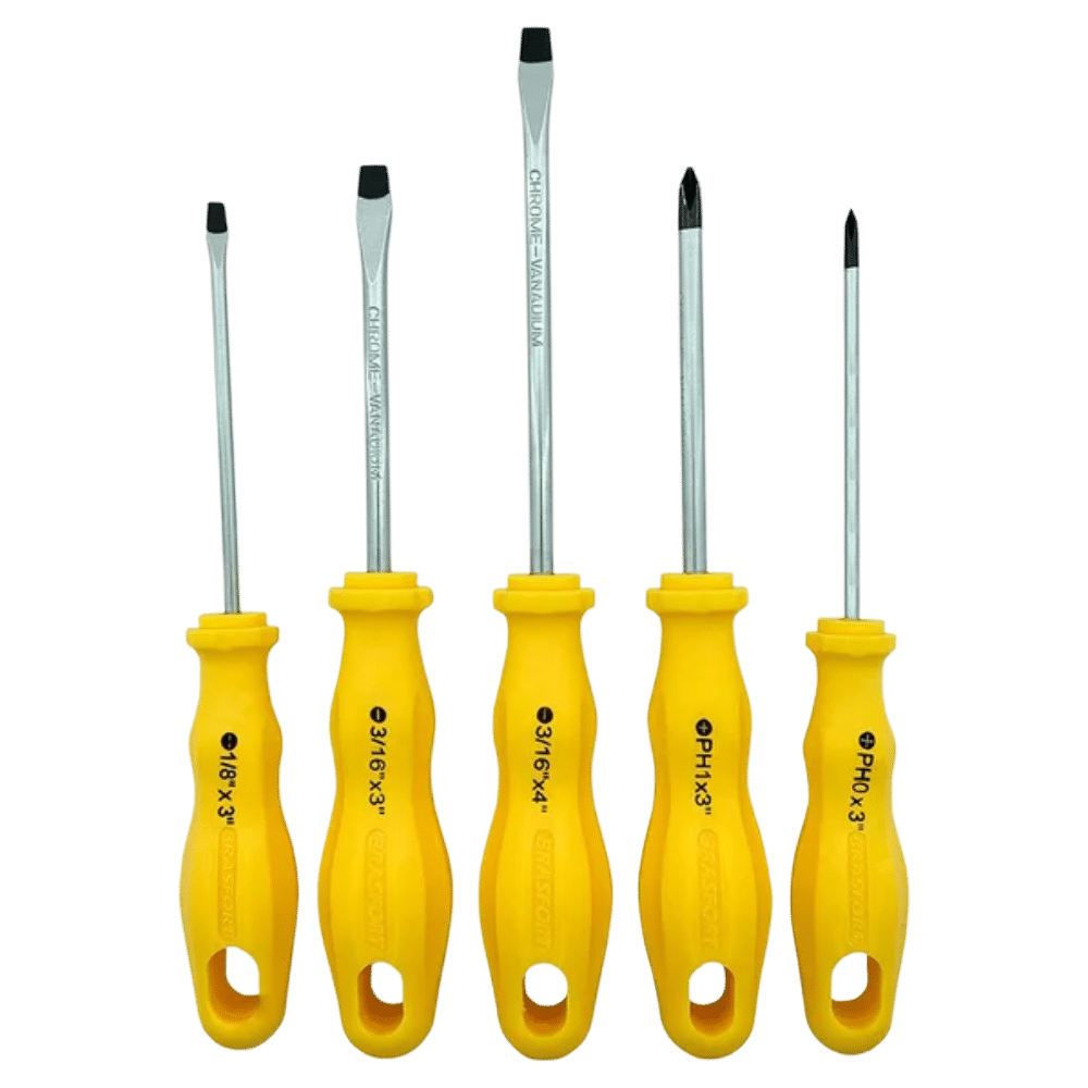 Conjunto de cinco chaves de fenda e Phillips com cabos ergonômicos, ferramentas essenciais distribuídas pela Veppel para empresas no Rio de Janeiro.