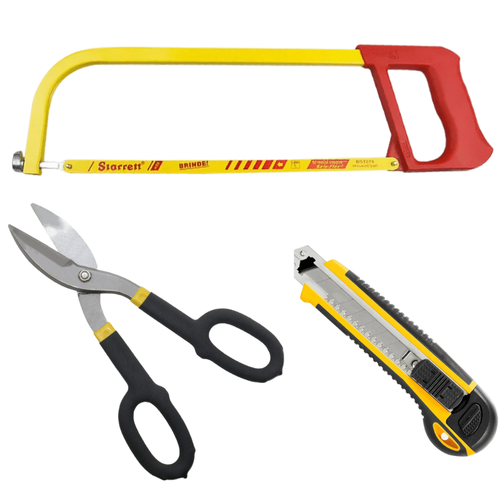 Um conjunto de ferramentas de corte, com um arco de serra, uma tesoura de chapa e um estilete, fornecidas pela Veppel para o mercado industrial do Rio de Janeiro.