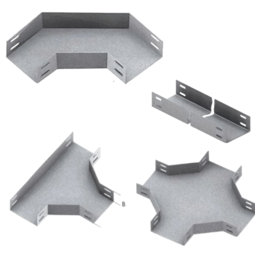 Conjunto de conexões para eletrocalha, incluindo curvas, tês e junções, mostrando a versatilidade do sistema da Veppel, distribuidor B2B no Rio de Janeiro.